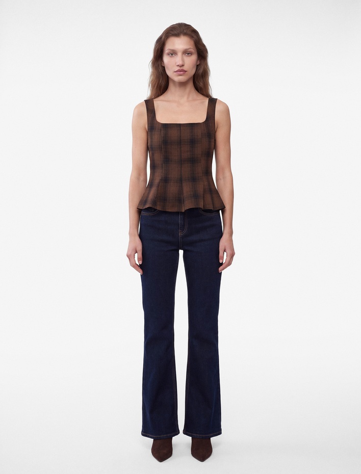  Peplum Kesim Kare Yaka Kolsuz Ekose Bluz