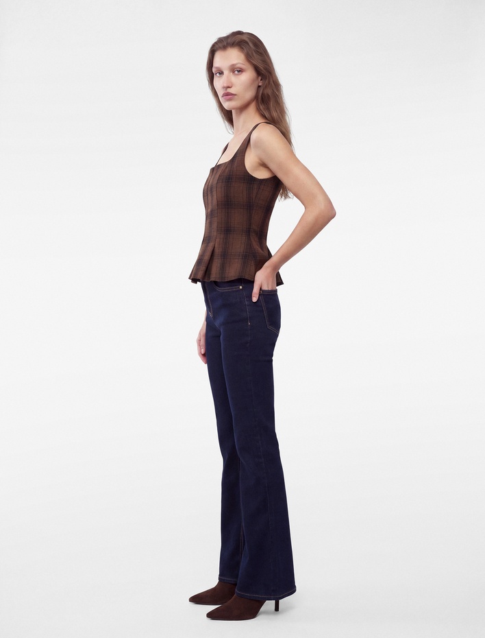  Peplum Kesim Kare Yaka Kolsuz Ekose Bluz